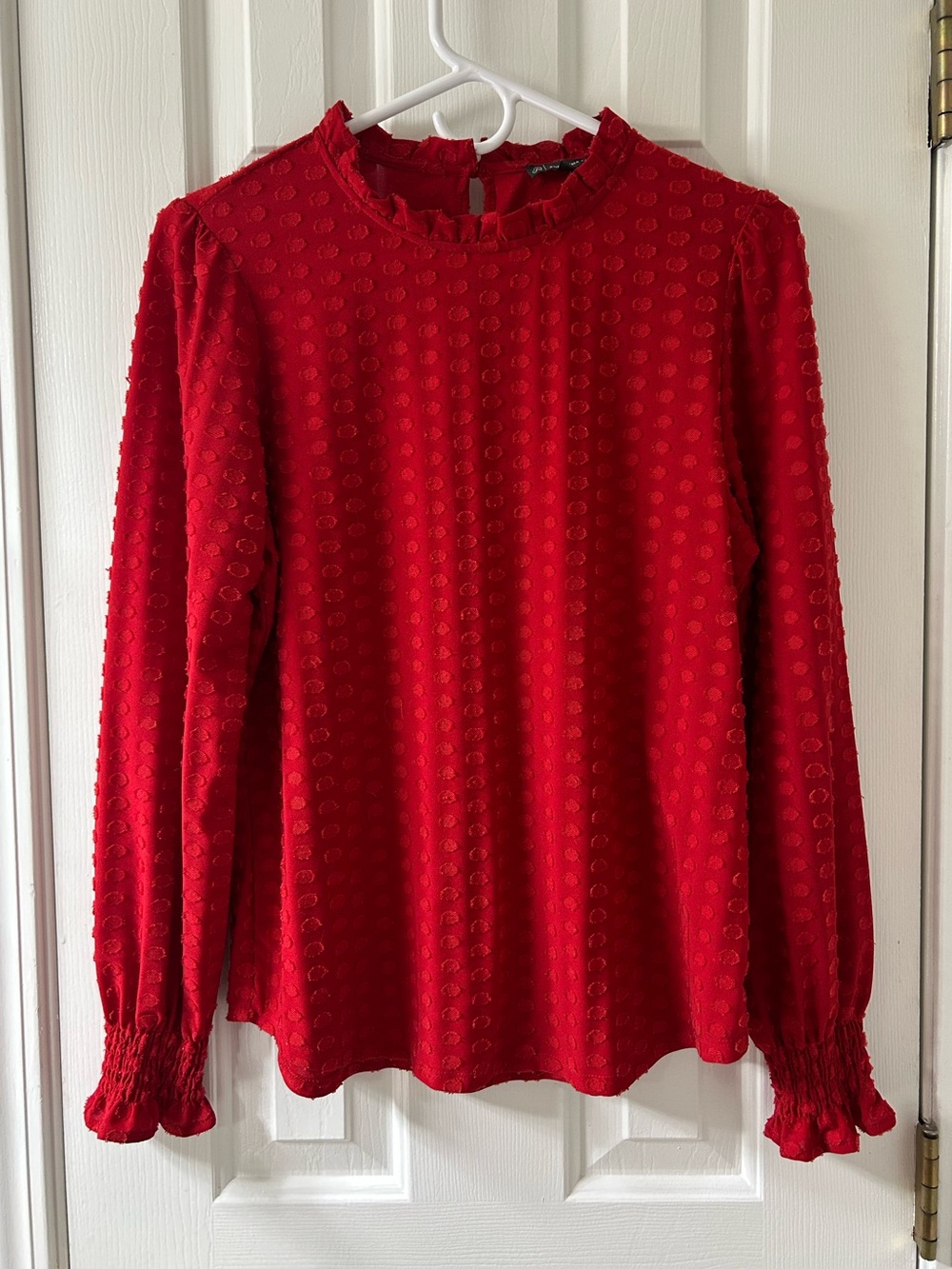 Adrianna Papell Red Textured Long-Sleeve Ruffle Neck Blouse
